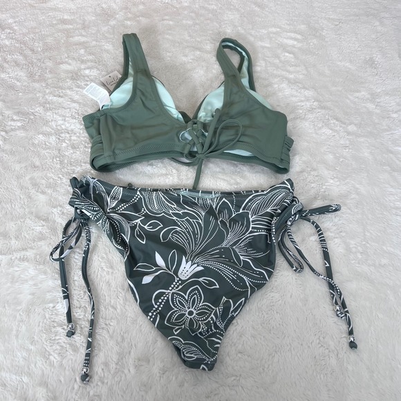 Cupshe Womens Bikini Set Olive Green Floral Lace Up Side Tie Size Large NWT - Picture 4 of 12